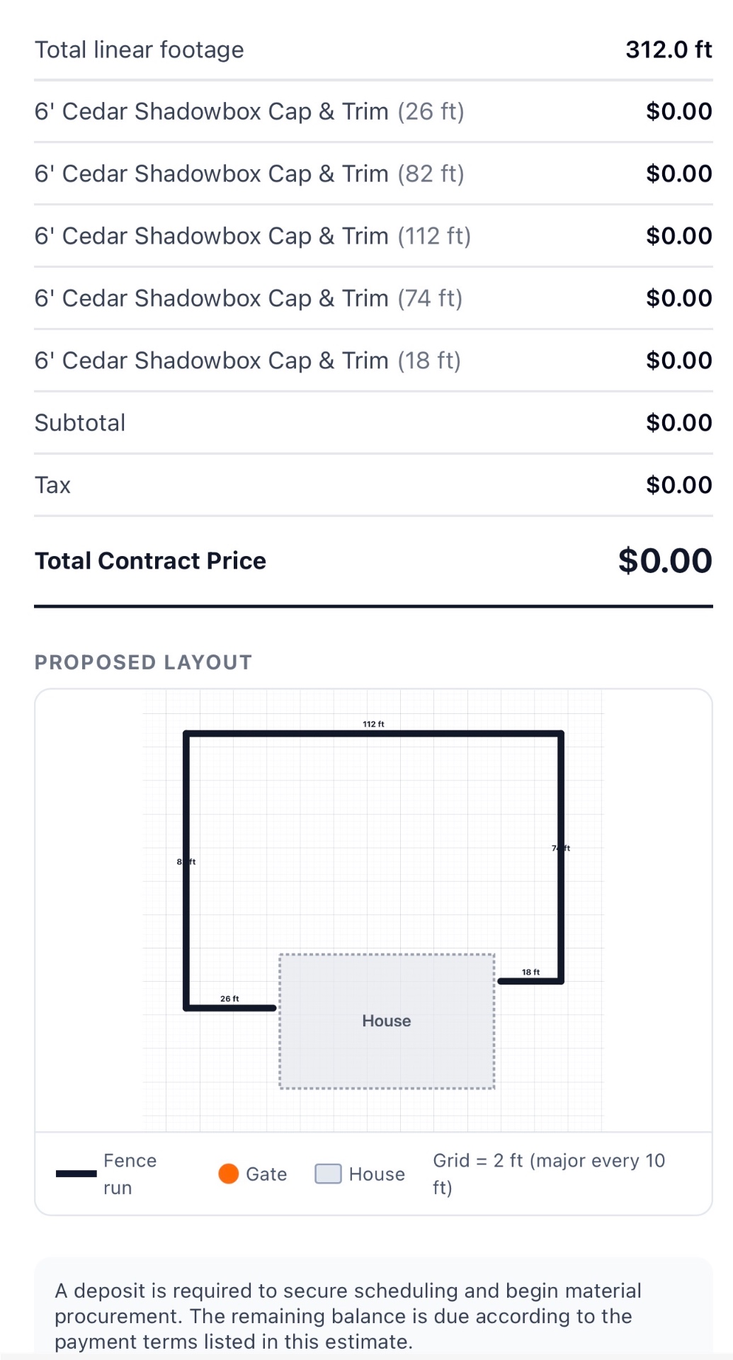 Fencerly Estimate layout screen showing 312 linear feet of fence and the price breakdown