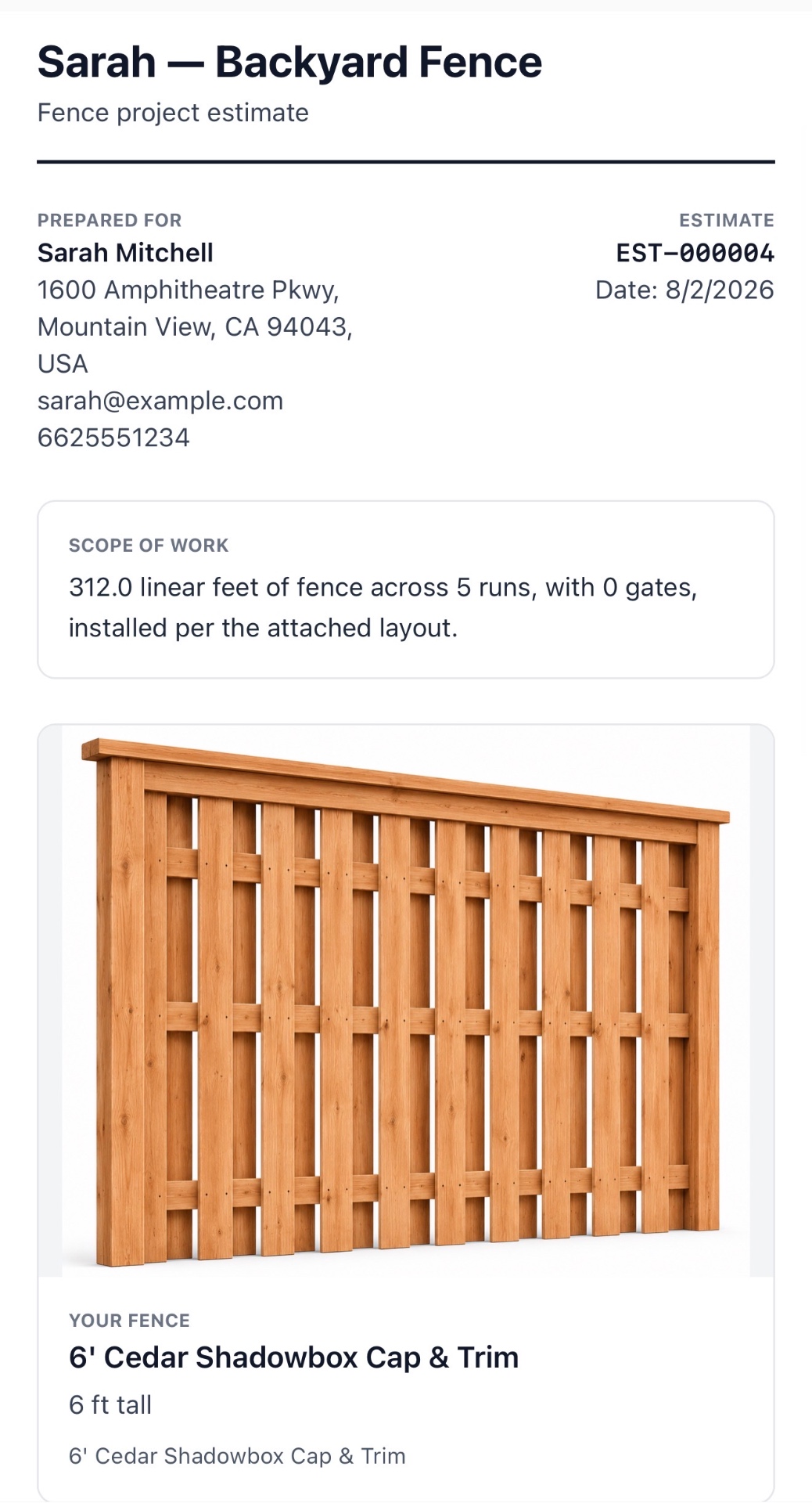 Fencerly Estimate proposal on a phone showing the customer, scope of work and selected fence style